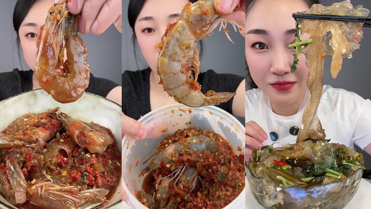 【Yummy】Double pepper sauce shrimp+stuffed shrimp+sour and spicy jellyfish🦐🍋🧄🌶#mukbang#asmr#Seafood