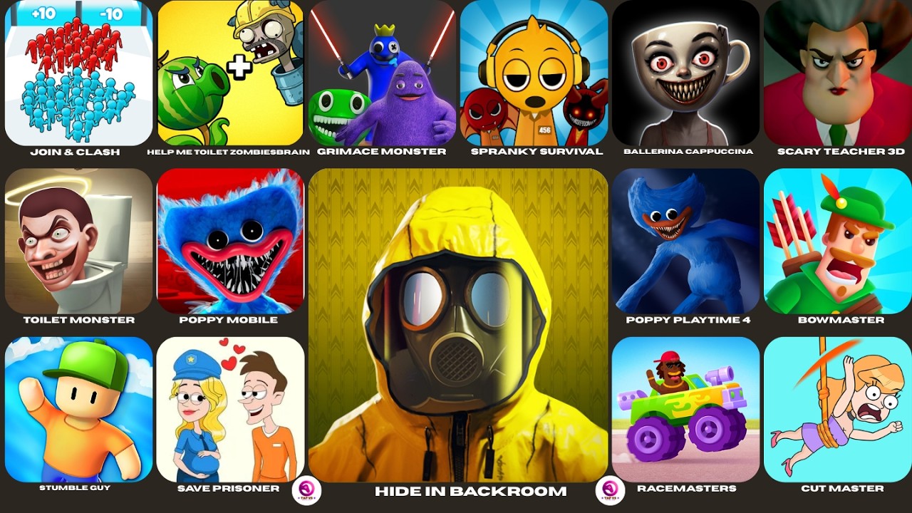 Hide In Backroom,Join & Clash,Stumble Guys,Toilet Zombies,Grimace Monster Scary Survival,PAC MAN