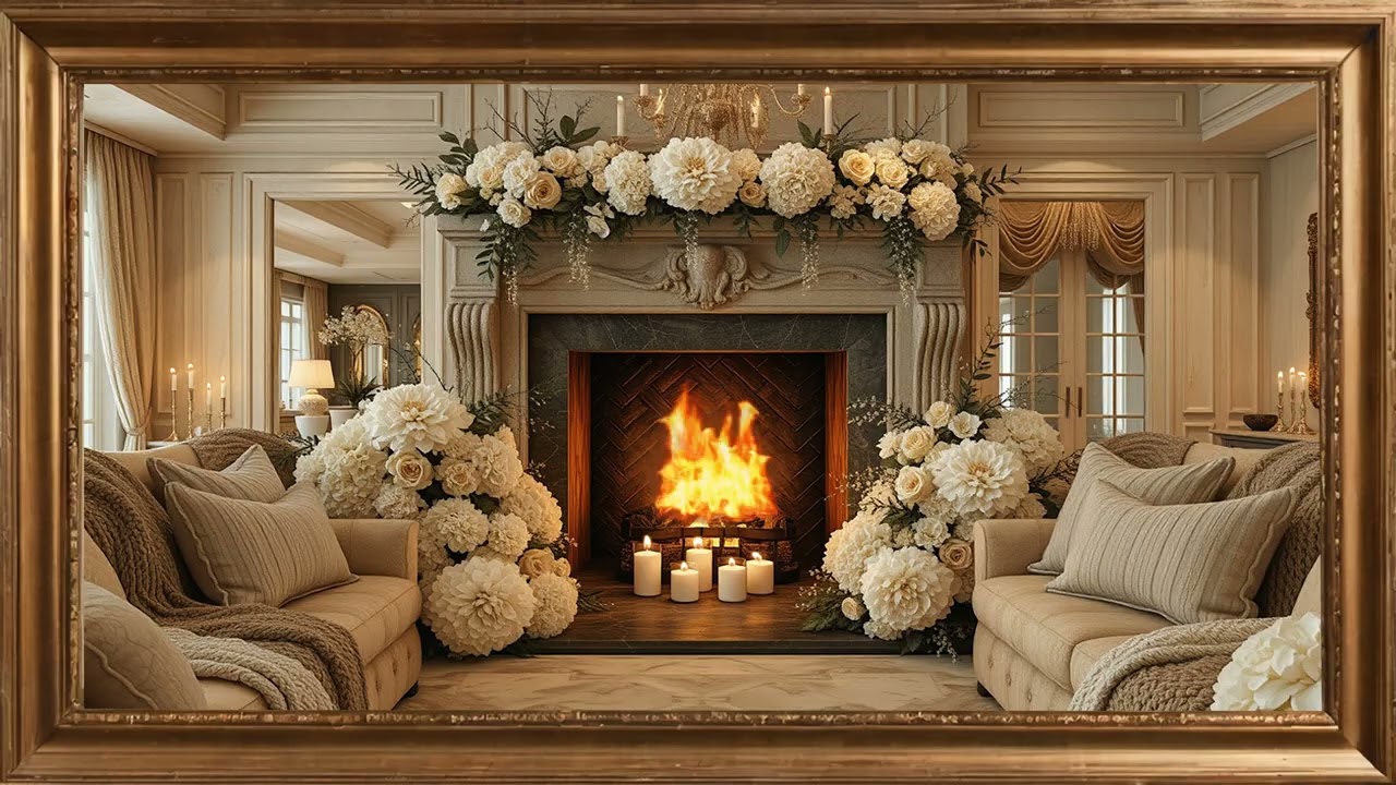 Luxury Fireplace with Flowers and Candles. Gold framed Vintage screensaver. 4k TV Painting wall art.