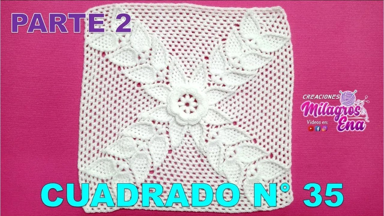 PARTE 2 Cuadrado, cuadro o muestra N° 35 tejido a  crochet con flor rosita y hojas para cojines