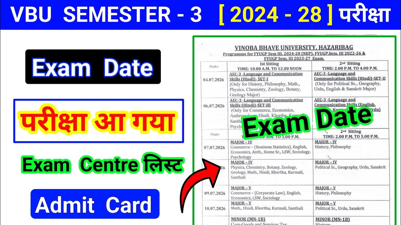 Semester 3 examination date 2024 - 28 | vbu sem 3 exam date 2026 | sem 3 admit card kab aayega 