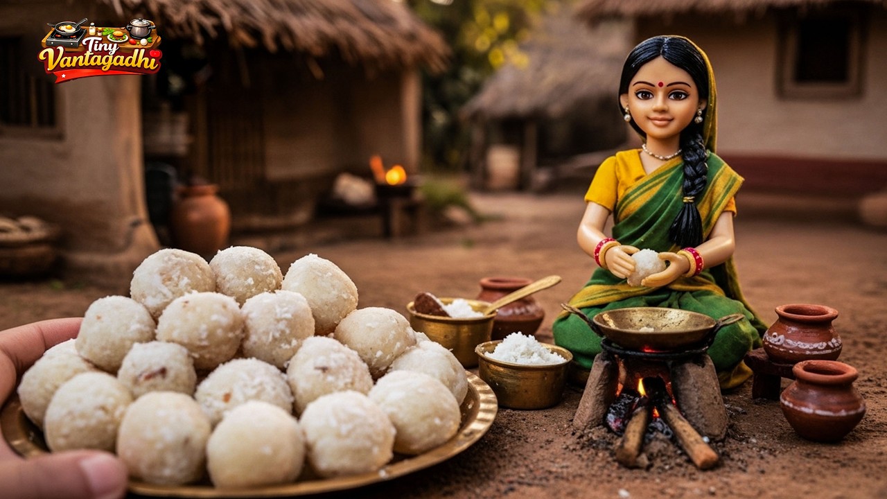 Miniature Coconut Laddu Making in Village Kitchen | Tiny Indian Sweet Cooking ASMR