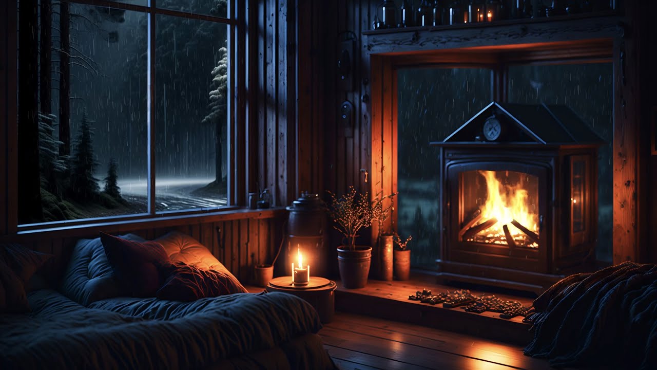 Cozy Cabin Ambience for Stress Relief and Anxiety Reduction with Rain and Fireplace Sounds