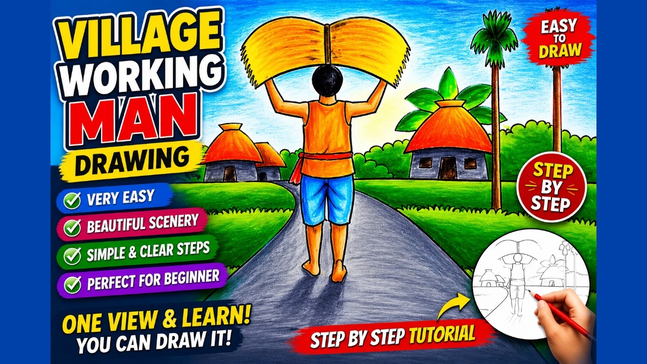 How To Draw Village Landscape Scenery With Man | Village Working Man Drawing Scenery