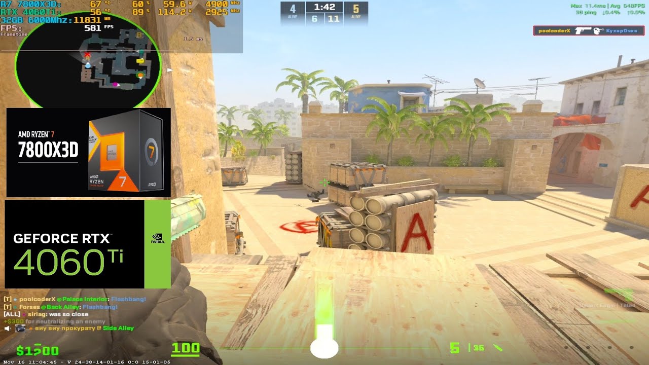 CS2 Benchmark 5vs5 Competitive | Ryzen 7 7800X3D & RTX 4060Ti (Pro Settings 1280x960 Low)