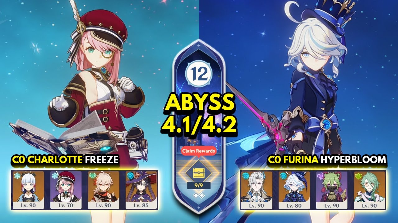 C0 Charlotte Freeze & C0 Furina Hyperbloom |Spiral Abyss 4.1/4.2 Floor 12 9 Stars Genshin Impact 4.2