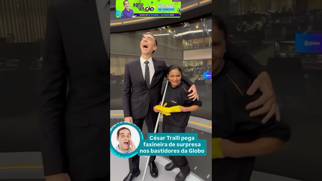 C&eacute;sar Tralli pega faxineira de surpresa nos bastidores da Globo
