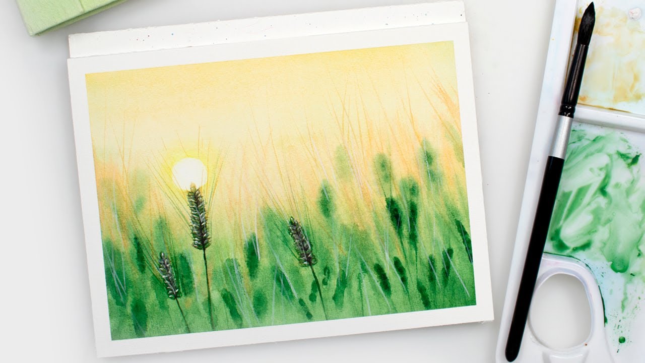 Watercolor GREEN FIELDS easy step by step painting tutorial - sunset over green wheat field