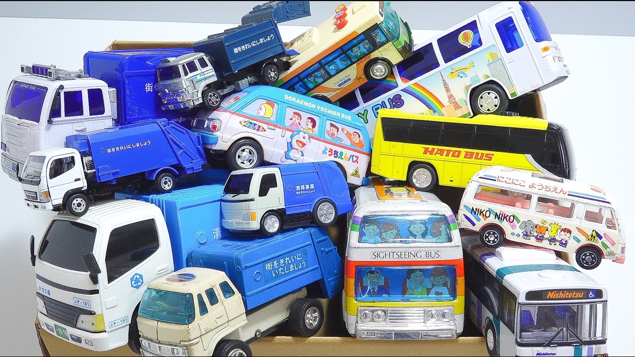 ゴミ収集車＆バスのミニカーを箱に集めて坂道はしる！働くミニカー走行チェック♪Working mini car driving check ♪