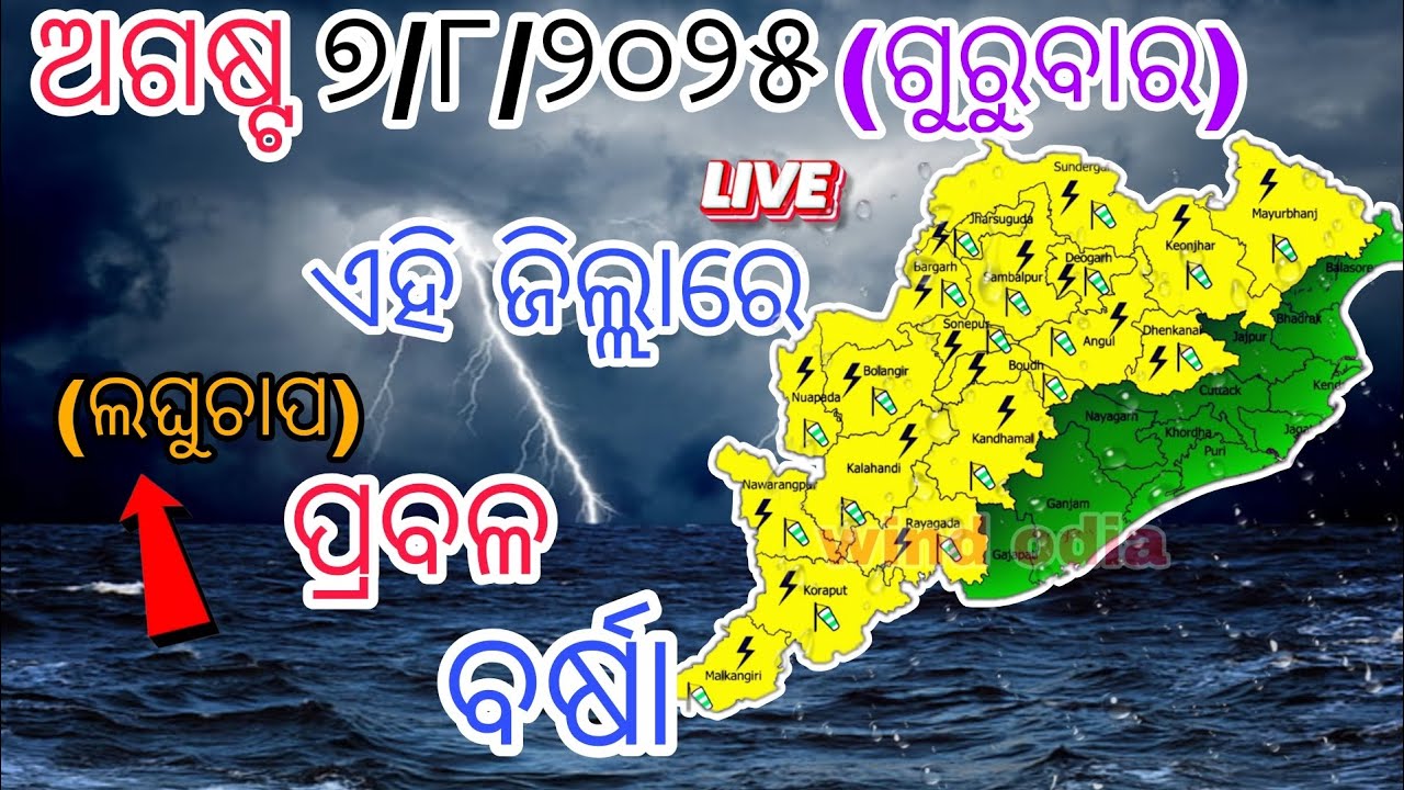 ଅଗଷ୍ଟ ୭ ଗୁରୁବାର ( ସଂଧ୍ୟା ପର୍ଯ୍ୟନ୍ତ )|୧୫ଜିଲ୍ଲାରେ ପ୍ରବଳ ବର୍ଷା ଓ ୫ ଜିଲ୍ଲାରେ ଅତି ପ୍ରବଳ ବର୍ଷା | windodia