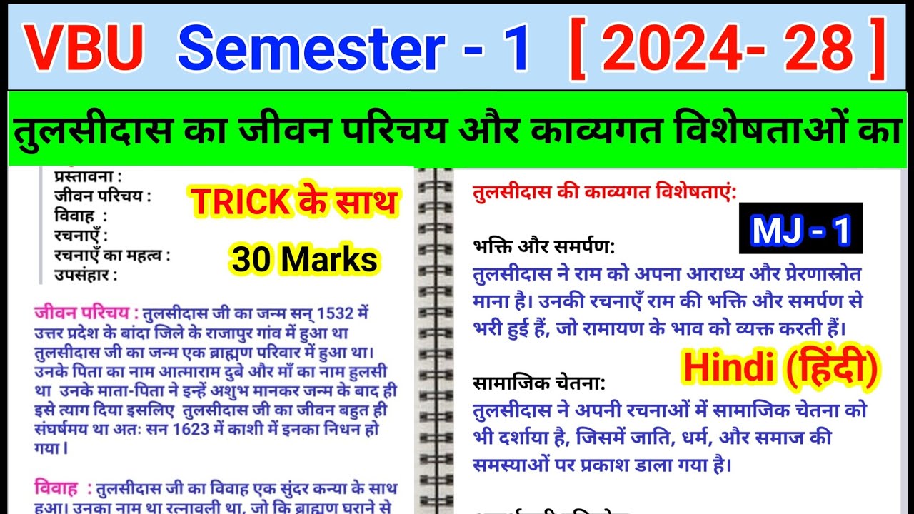 Tulsidas ka jivan Parichay aur kavyagat visheshtaen l MJ 1 hindi important question major hindi sem1