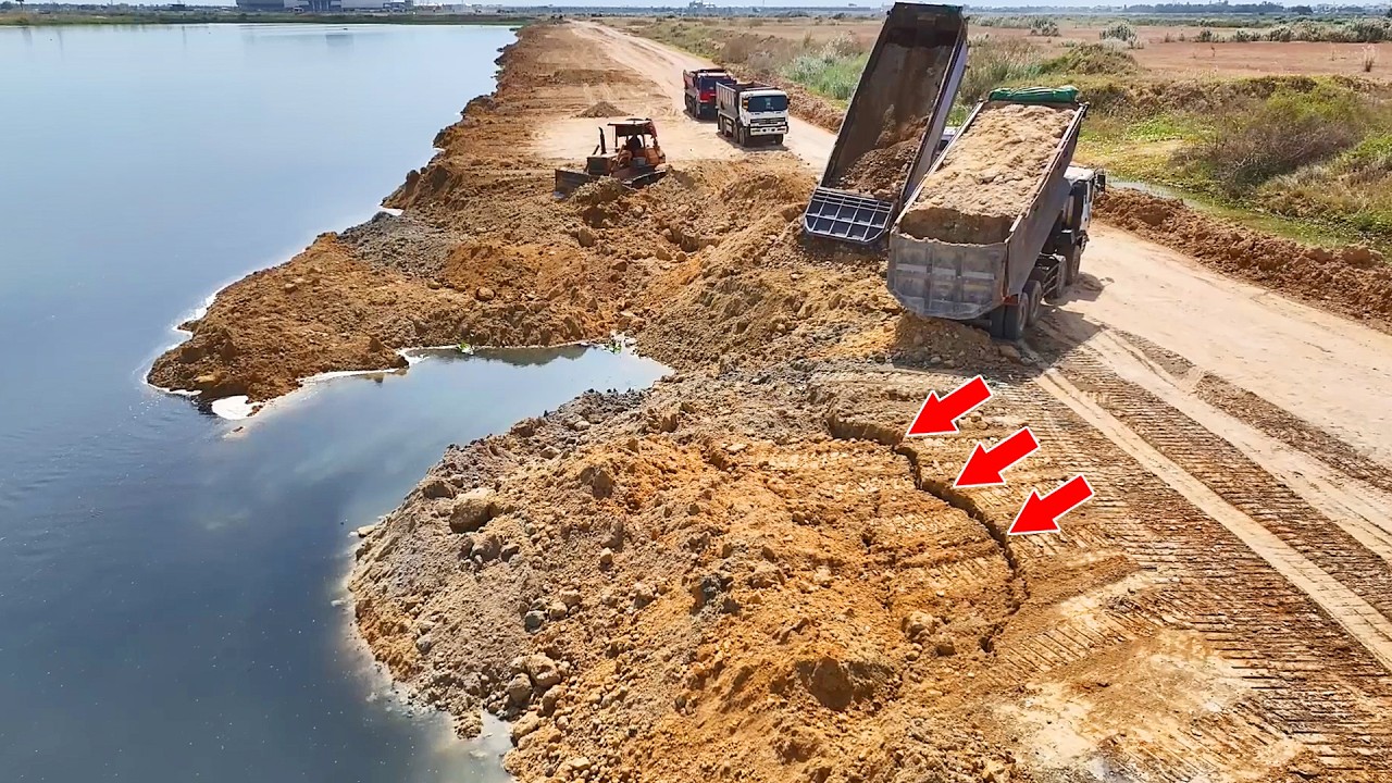 Process incredible Road Resize Project with Komatsu D58p Dozer and Dump Truck 25,5t Unloading Soil