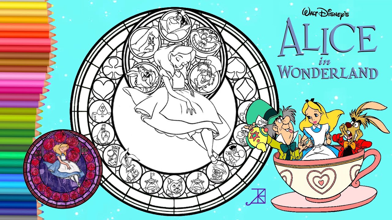 Coloring Alice In Wonderland Stained Glass - Disney Coloring Book -Disney Para Colorear - ディズニーのぬりえ