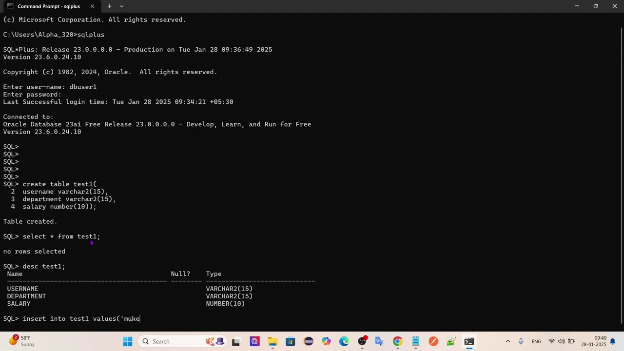 Creating user and Tables in database| oracle sql 23ai 2025