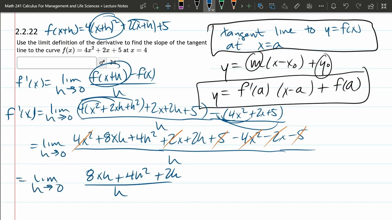 Math 241 = HW 2.2.22 = Tangent Line Of Quadratic Using The Definition Of Derivative And Algebra
