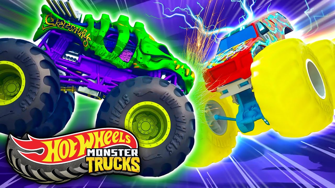 Hot Wheels Showdown: Monster Trucks vs. Giant Skelesaurus! 🦖💥