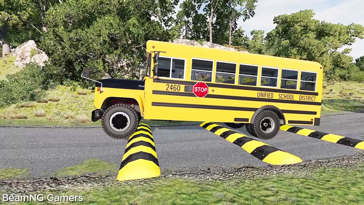 SCHOOL BUS, LONG BUS, TRUCKS Vs MASSIVE SPEED BUMPS - BeamNG.Drive