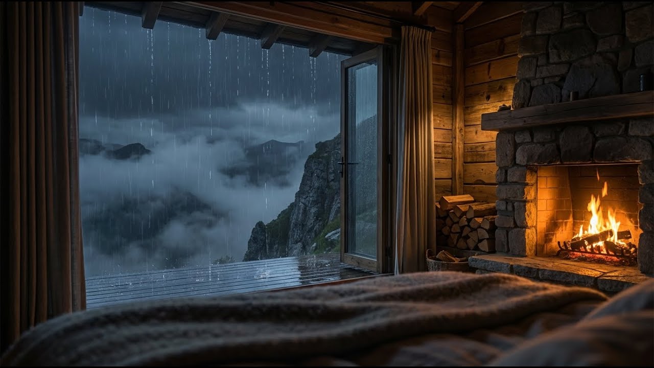 12 HOURS   Cozy Cabin on the Cliff  Heavy Rain, Fireplace Ambience 8K    (No Ads) }