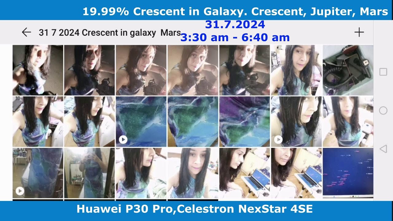 31.7.2024 3:30 am - 6:40 am. Crescent in Galaxy. Crescent, Jupiter, Mars.
