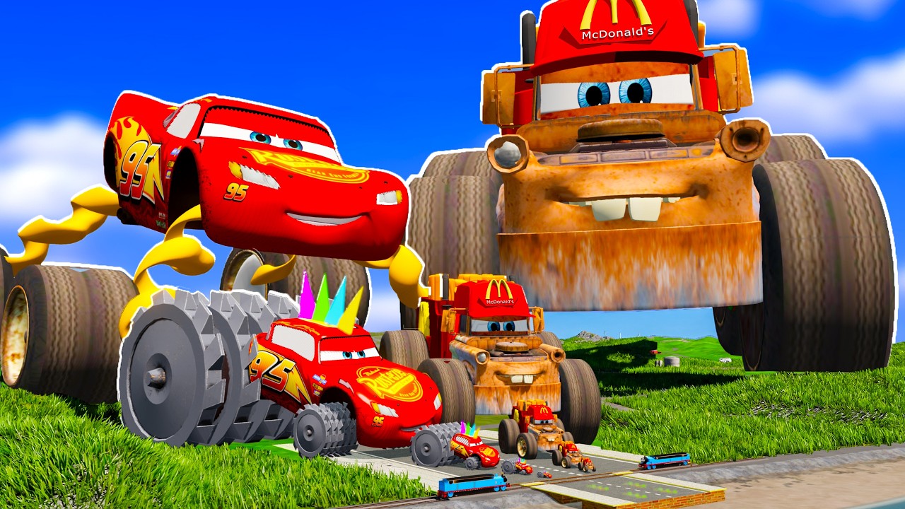 🌈Rainbow Pit Transform In Big & Small: Lightning Mcqueen & Mater vs Pixar Cars! Beam.NG Drive!
