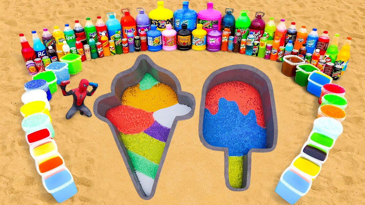 How to Make Rainbow Ice Cream with Balloons Orbeez, Fanta, Mtn Dew, 7up, Big Coca Cola and Mentos