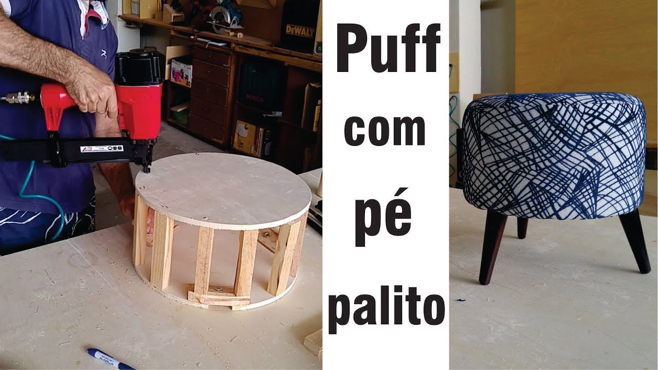 Puff redondo pé palito inclinado/ Upholstered stool with wooden foot