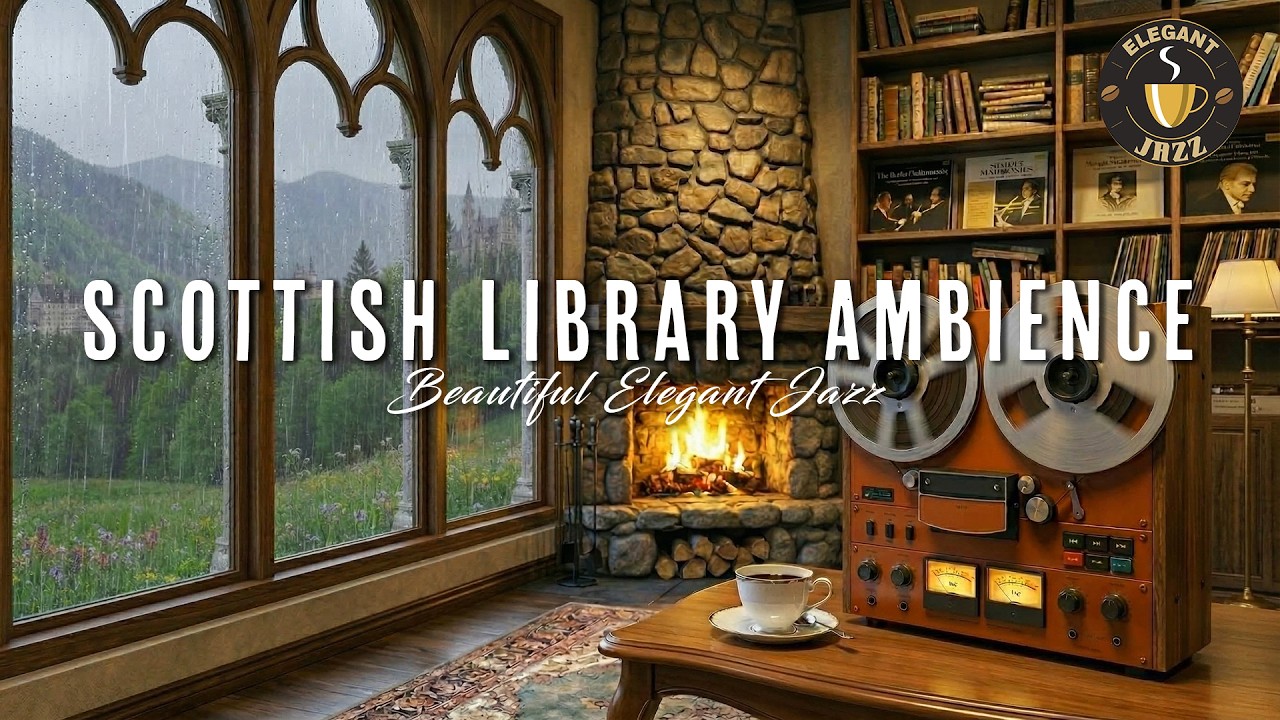 Rainy Day Scottish Library Ambience 🌧 Cozy Fireplace, Smooth Jazz & Rainy Sounds for Focus & Study