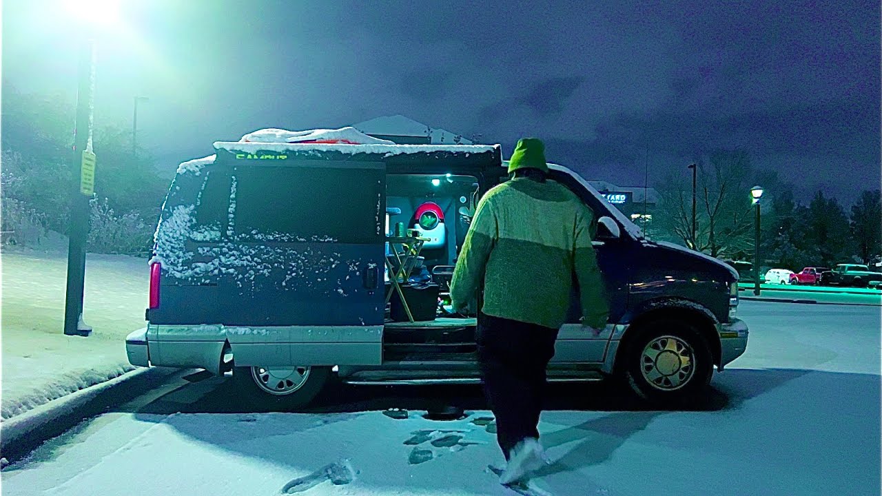 Snow camping at Cracker Barrel (In my van)