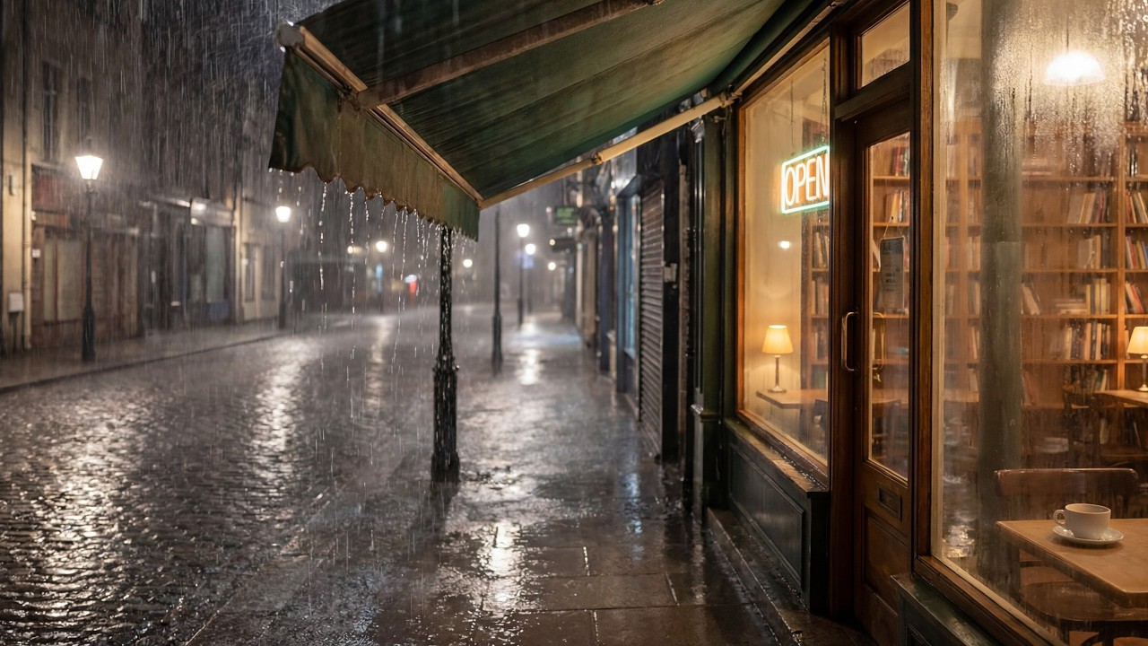 10 Hours of Rain on Cafe Awning ☔ Cozy Night Rain Sounds for Sleep, Relaxation & Deep Focus