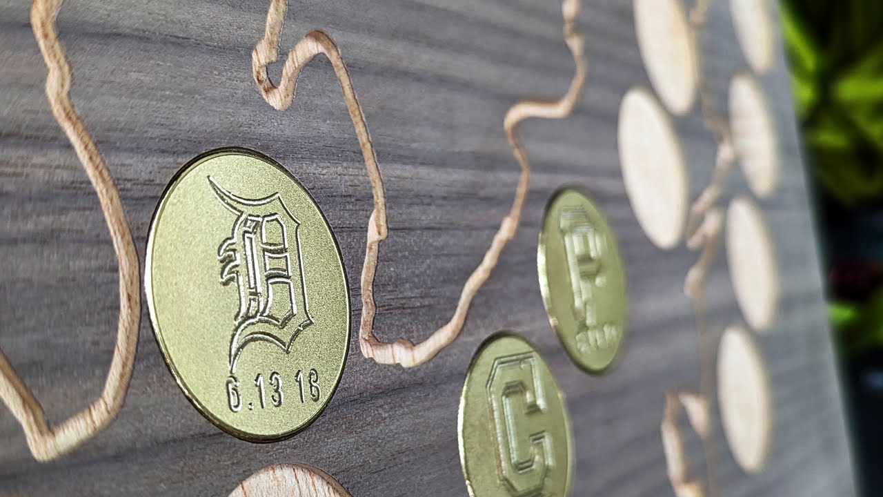 MLB stadiums map with custom brass coin inserts on walnut with the Shaper Origin