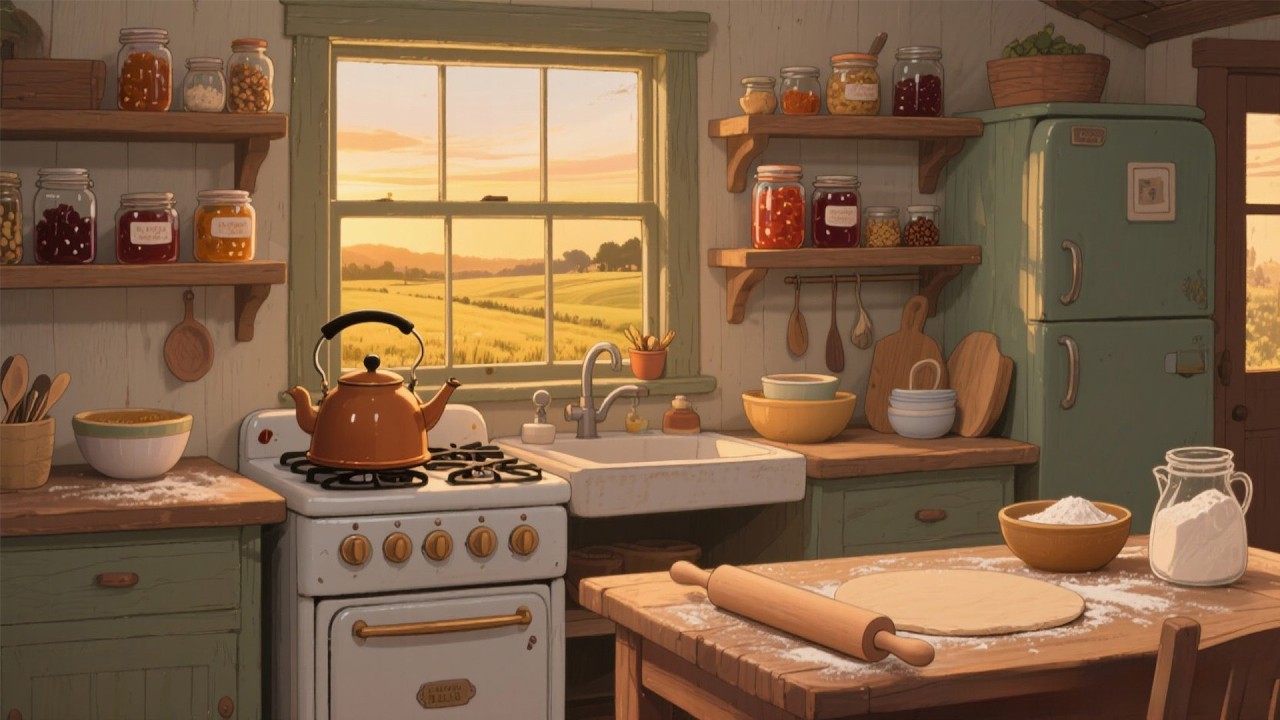 A Vintage 1950s Farmhouse Kitchen — Another Corner Where a Simple Breakfast Waits on the Table