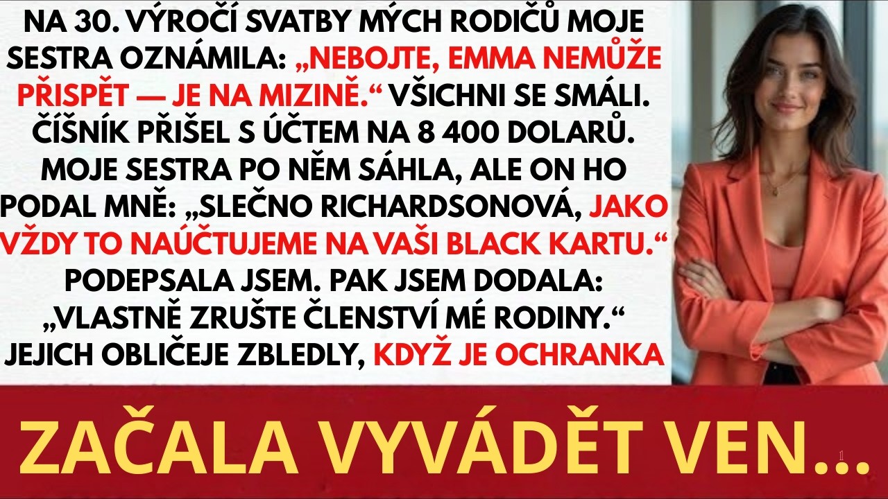 Na výročí svatby mých rodičů moje sestra prohlásila, že jsem „příliš chudá“ — dokud číšník nepřines