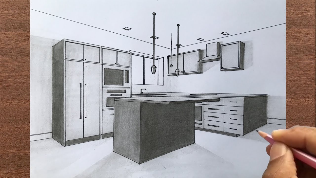 How to Draw a Kitchen in 2 Point Perspective
