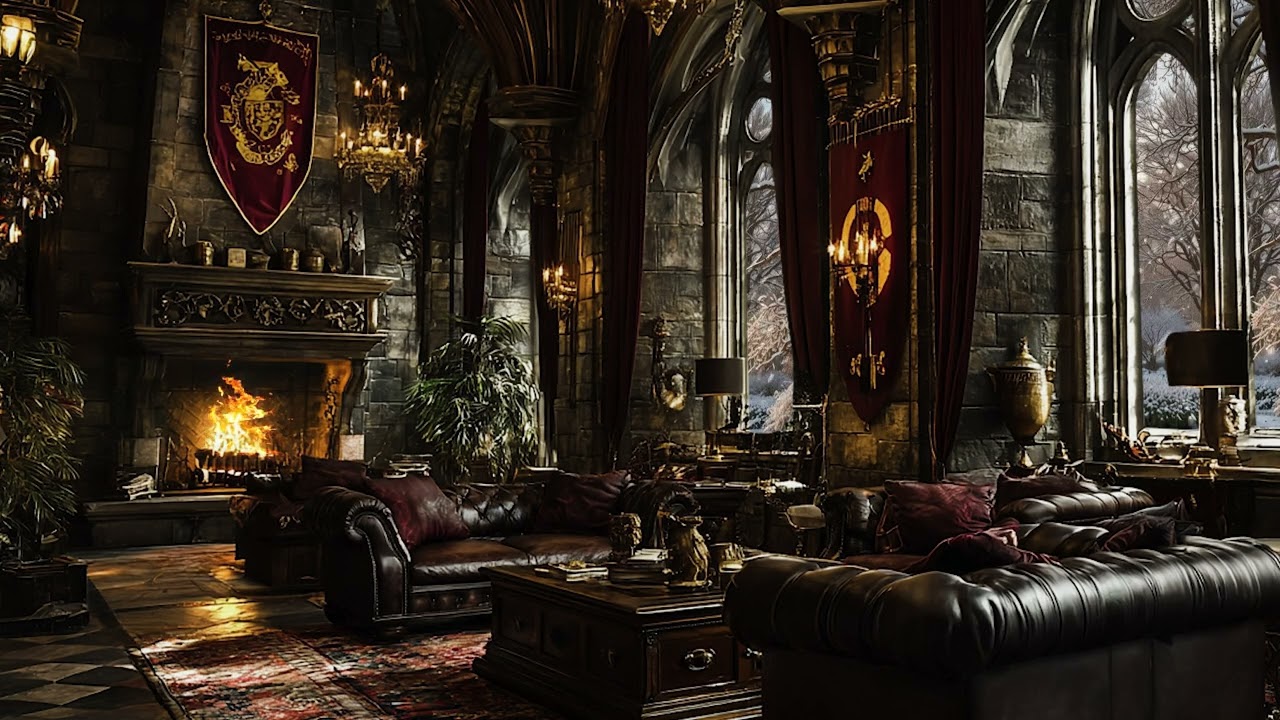 Ancient Academy Common Room 🕯️ Warm Fire, Snowstorm Windows & Dark Academia Ambience for Focus