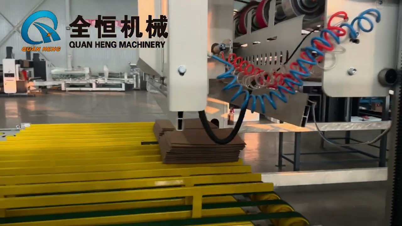 corrugated box printing slotting rotary die cutting vibration stacker 90 degree turn PP strapping