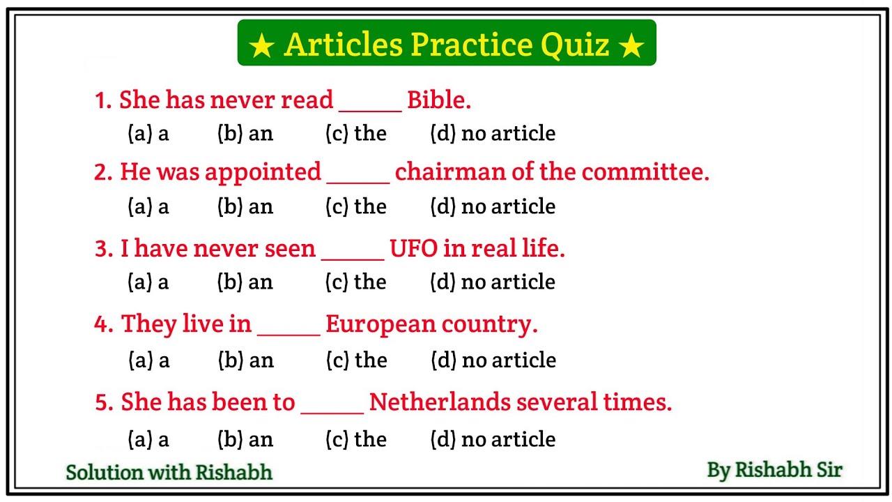 Articles A An The questions | Articles A An The in English Grammar | Articles Practice Set Exercises