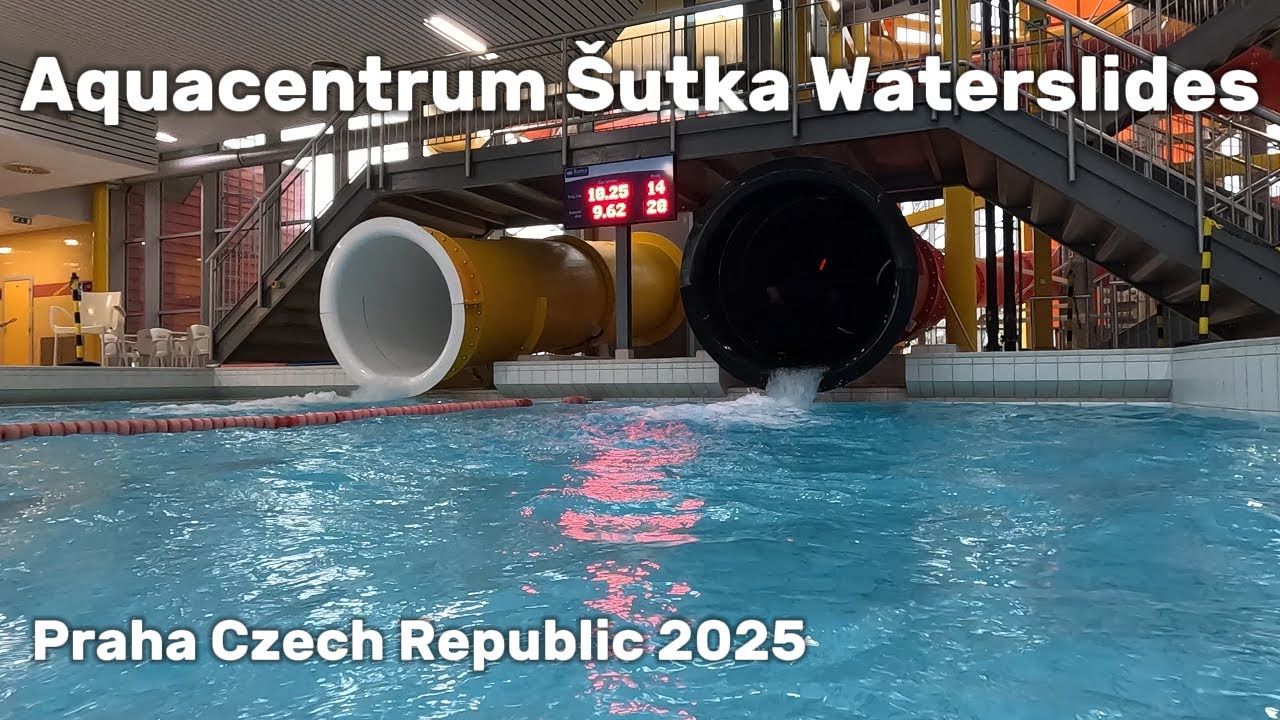 Waterslides in Water Park Aquacentrum Šutka Praha Czech Republic, POV 4k videos