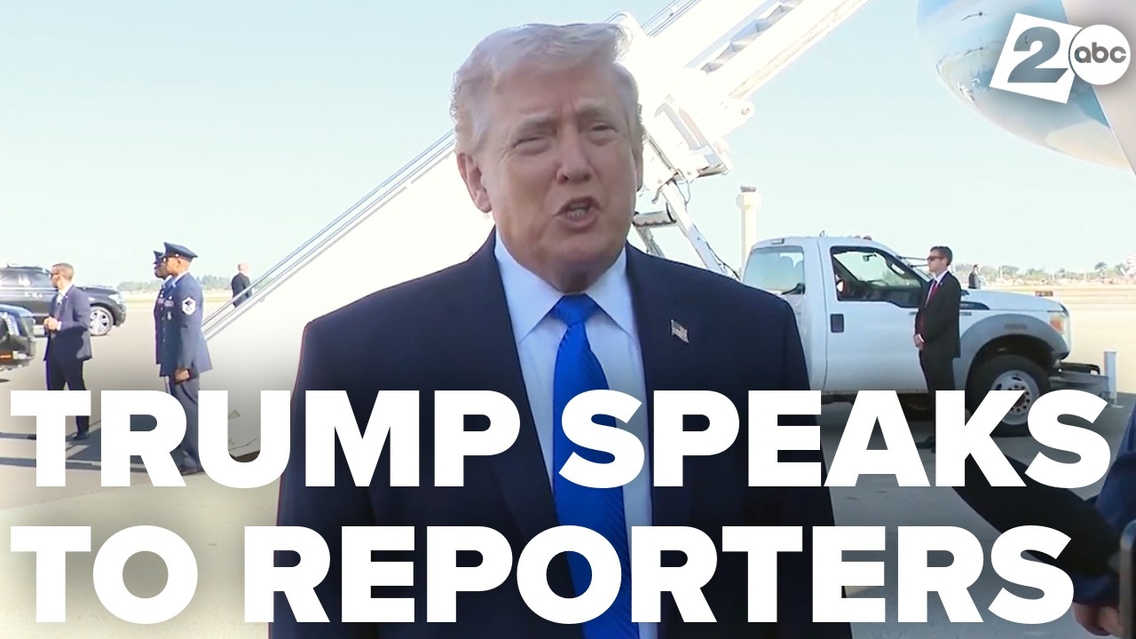 Президент Дональд Трамп беседует с журналистами перед тем, как отправиться на круглый стол Целево...