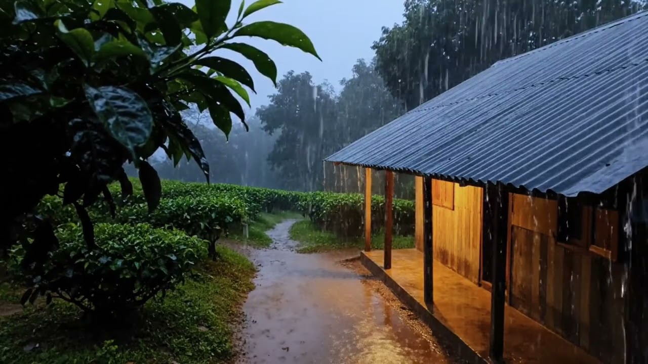4K Video Tropical Rainstorm in Rural Countryside for Deep Sleep