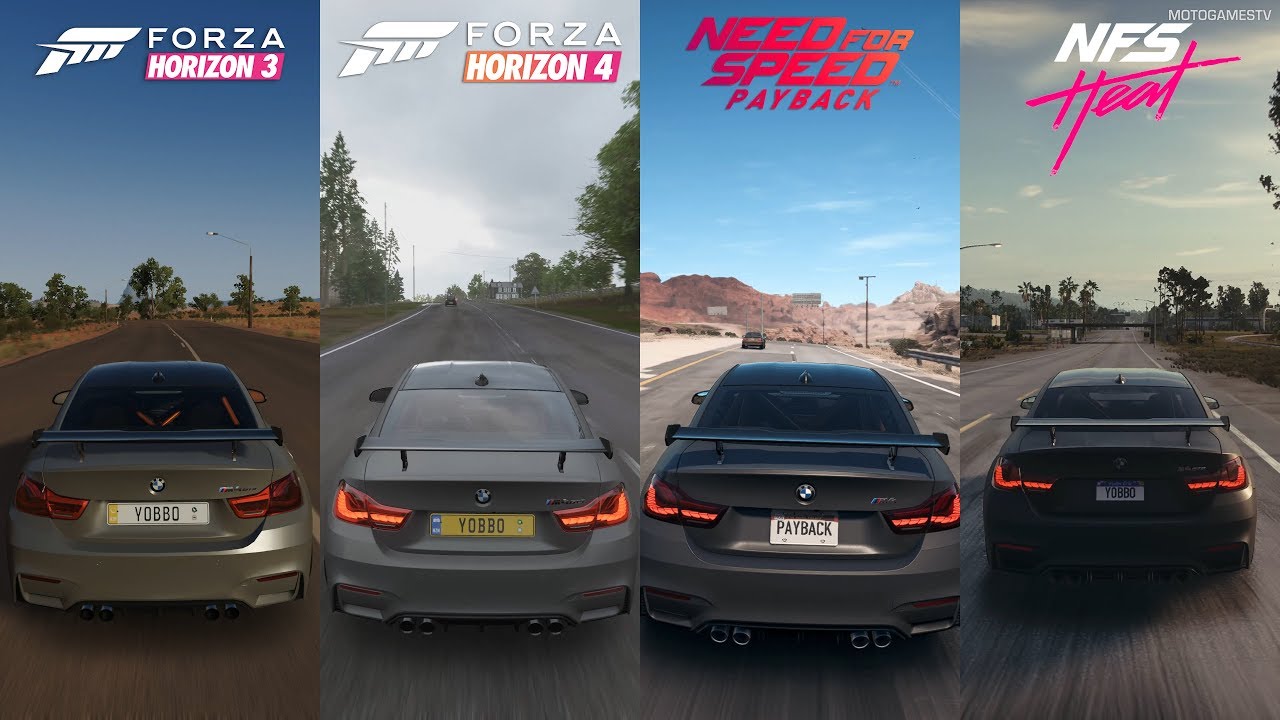 Horizon 3 vs Horizon 4 vs NFS Speed Payback vs NFS Heat - BMW M4 GTS Sound Comparison