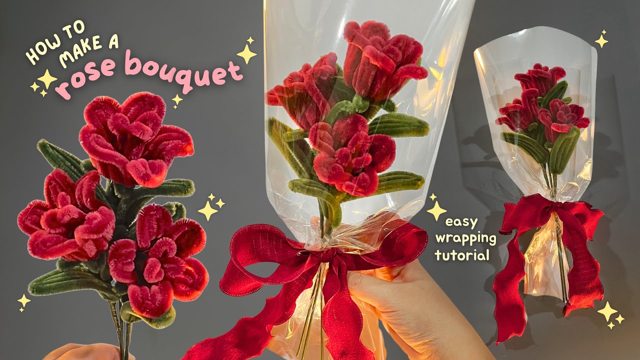 DIY Rose Bouquet Tutorial | Easy Flower Bouquet Wrapping Tutorial | fuzzy wire flowers pipe cleaner