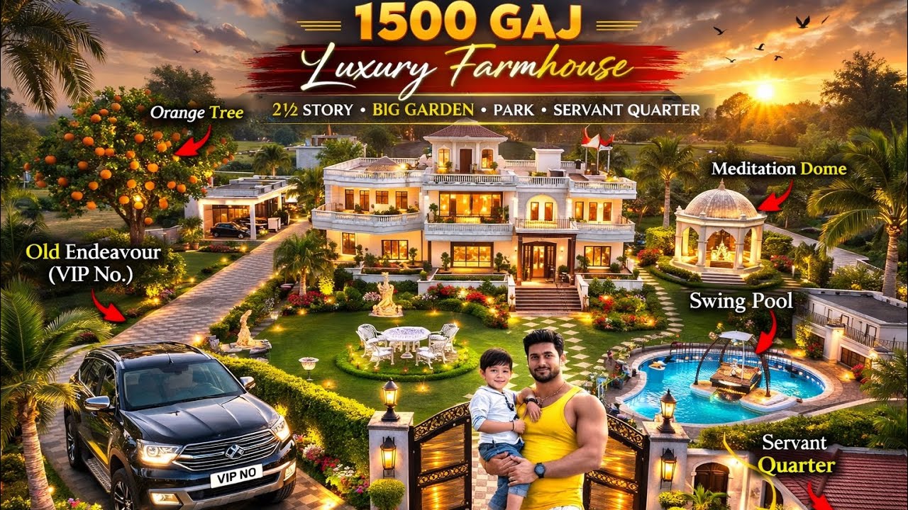 Papa–Beta Dream Life❤️ 1500 Gaj Luxury Farmhouse Tour🏡✨Garden🌳+Blue Pool 💦 |Ye Hai Asli Royal Life🔥😎