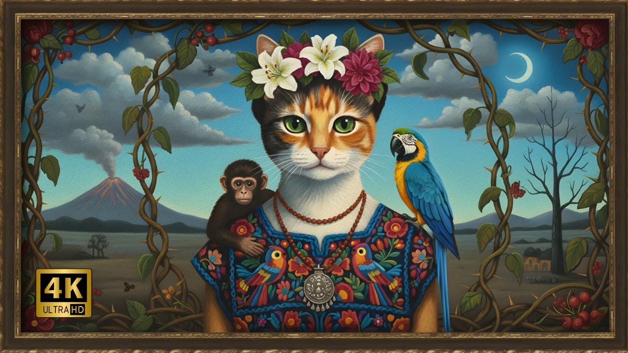 Mexican Garden Frida Kahlo Cat : Floreal Masterpiece TV screensaver 🏛️✨1 Hour 4K Static Art No Music