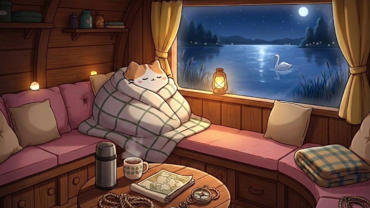 Drifting on the Lake at Night with Milky's Cat 🌊 Houseboat Ambience 🕯️ Chill Beats to Dream & Sleep
