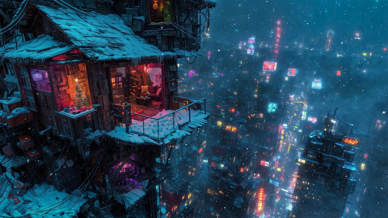 🎵  Ambient Echoes overlooking Cyberpunk City | Relaxing Ambient Music and Snow | LIVE