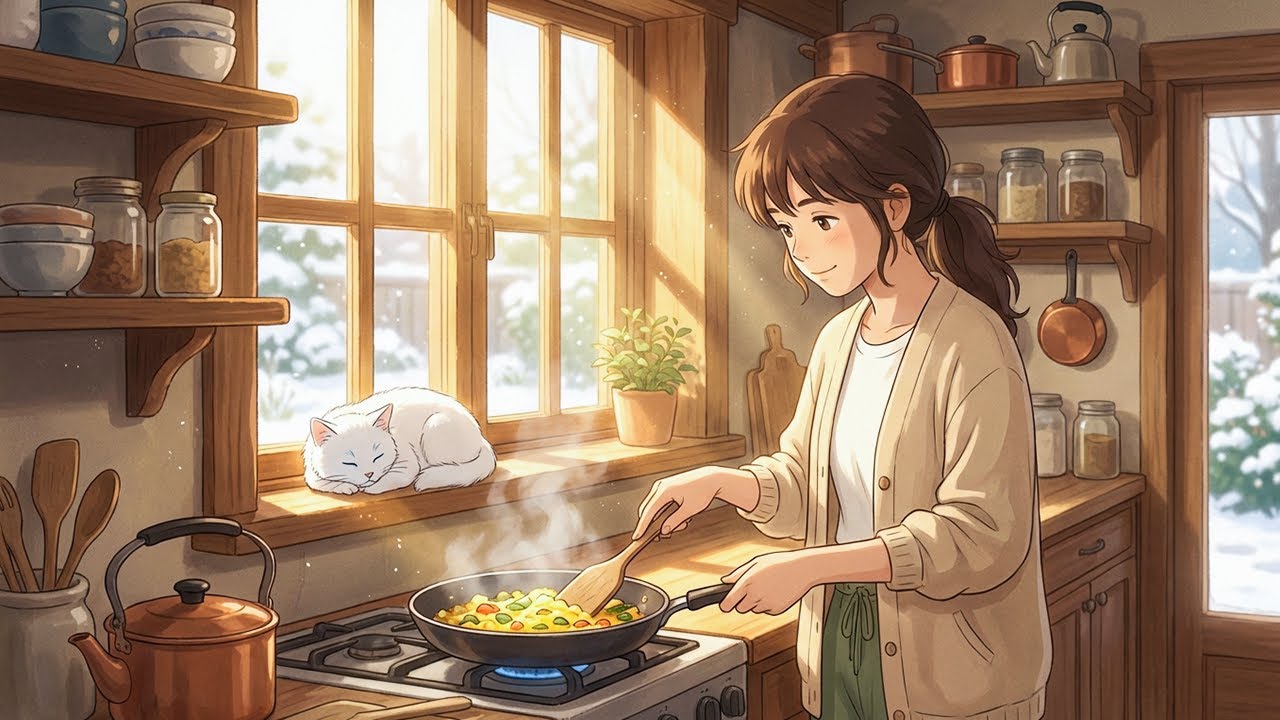 Cozy Kitchen Glow: Preparing Warm Meal in the Snow | Cozy Cooking & ASMR | Ghibli-Style Video
