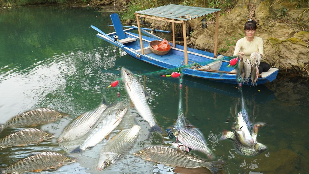 Using boats to transport many fishing hooks for casting - Make trap Catching many fish to sell