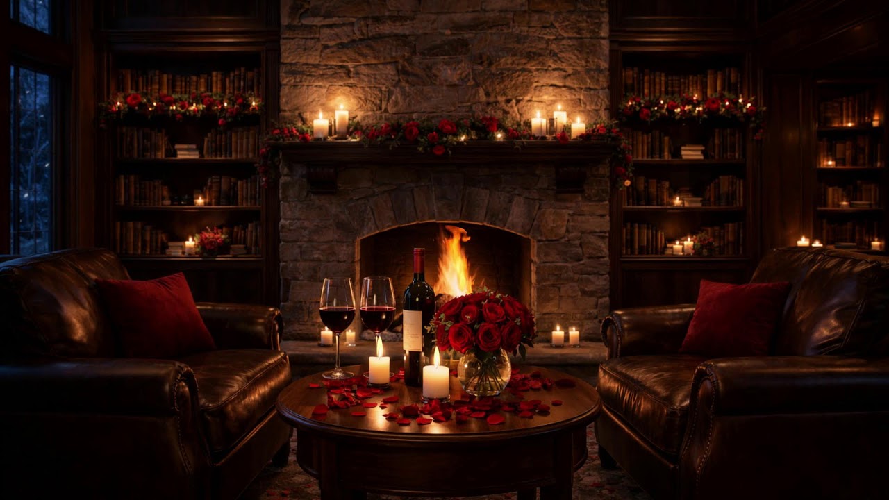 No Ads 🔥 - Late Night Valentine 🌹 Candlelight Library & Soft Winter Fire 🔥