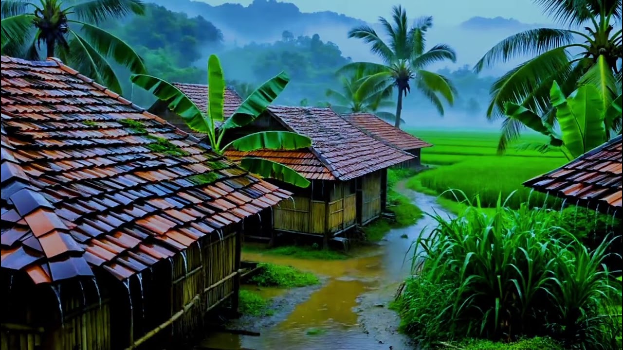 Night Rain and Thunder in a Peaceful Countryside Village Relaxation • Nature Sounds • Sleep Aid