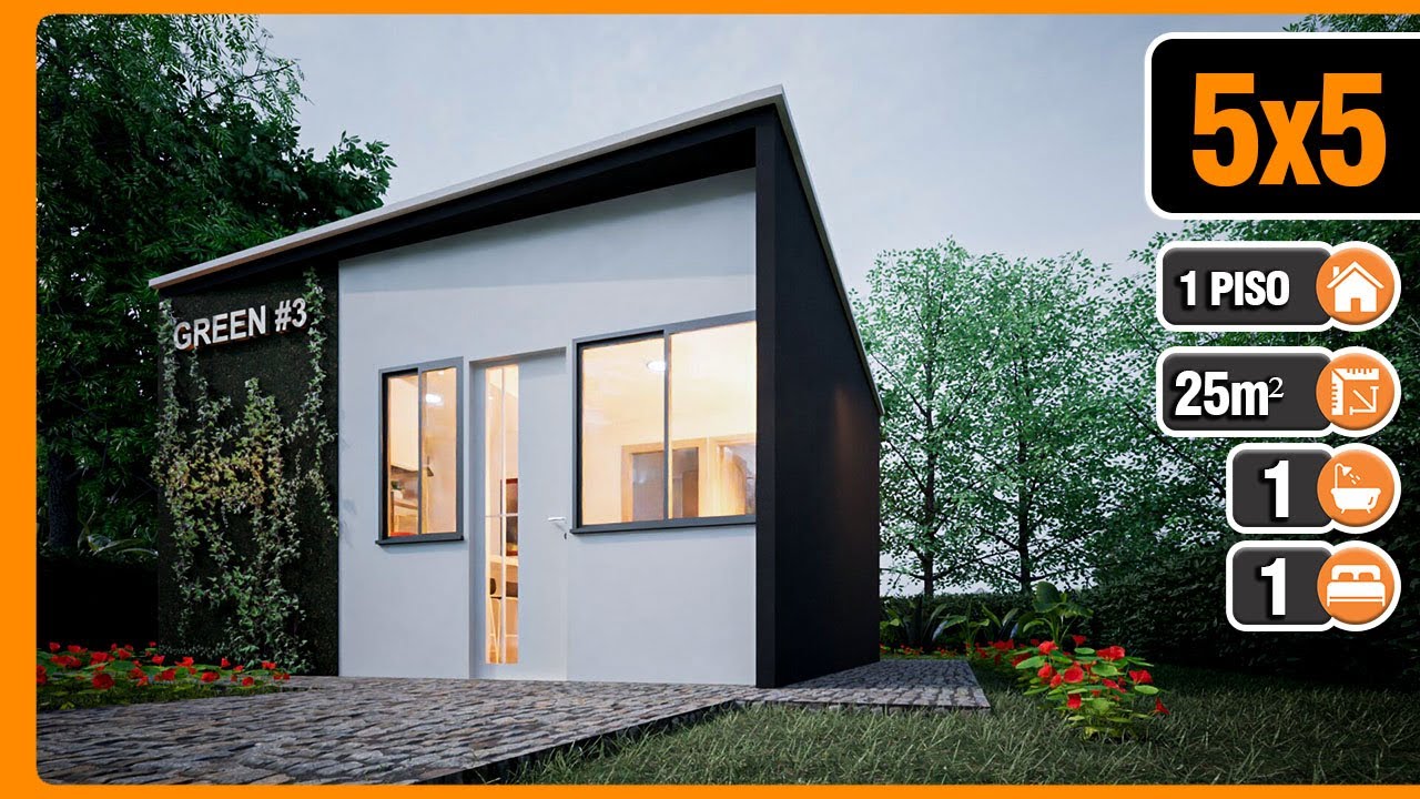 Plano de casa 5x5 🏡 1 dormitorios 1 baño | Projeto da Casa 5x5 con 25 m2 | Tiny House 5x5 25 sqm